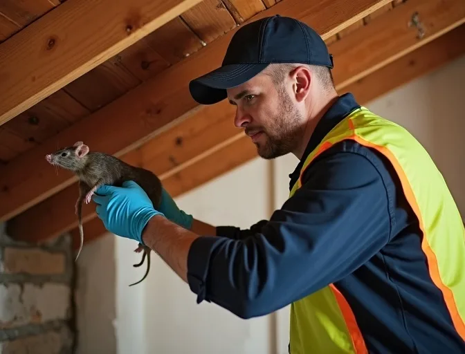 Technician inspecting a roof cavity for a dead rat in Drumcondra